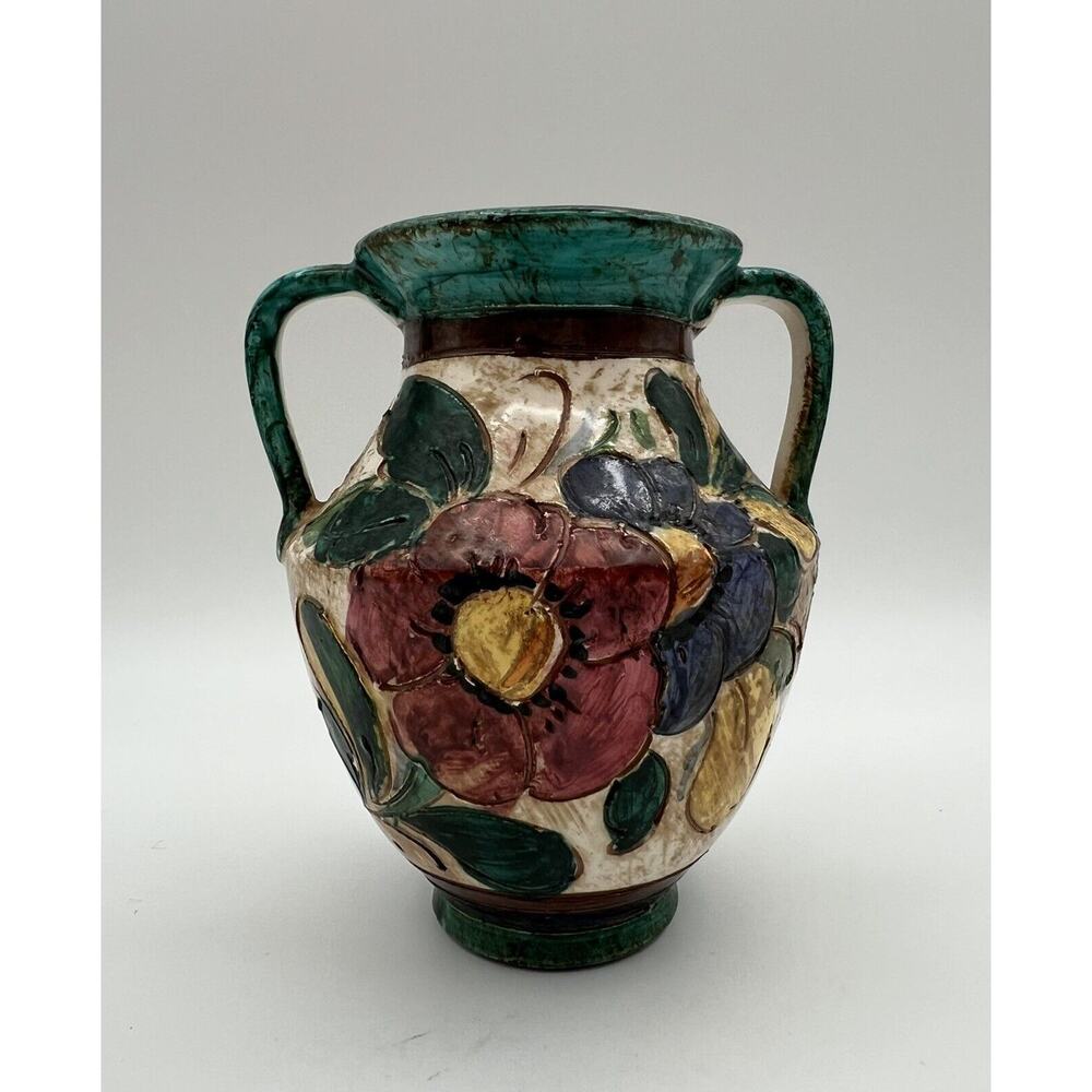 Sgraffito Italian Pottery Small Hand Painted 5” Handled Vase w Flowers & Ship